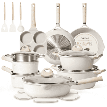 Carote Non Stick Pots and Pans Set, 21 Pcs Induction Kitchen Cookware Sets (Beige Granite)