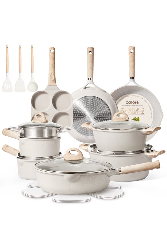 Nonstick Cookware Set 21-Piece,Kitchen Pots and Pans Set,Stay-Cool Handles, Induction Compatible,Cookware Set for RV and Camping,Beige