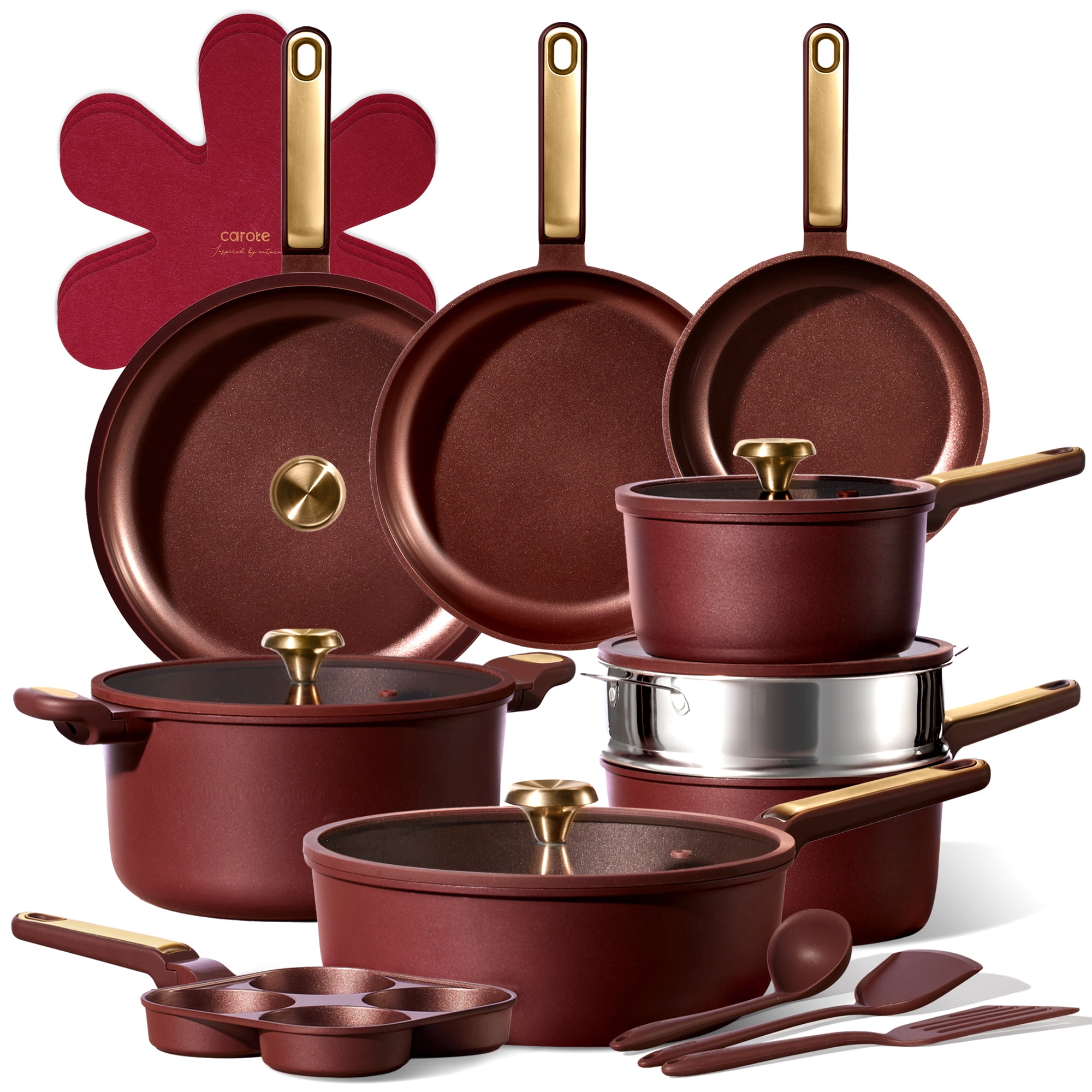 CAROTE 21 Piece Ceramic Non-Stick Cookware Set, Pots and Pans Set with Lids, All Stoves Compatible, Dishwasher Safe, Burgundy Red