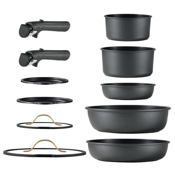 Carote 11-Piece Pots and Pans Set, Nonstick Cookware Set with Detachable Handles, Dishwasher/Oven Safe, Matte Black