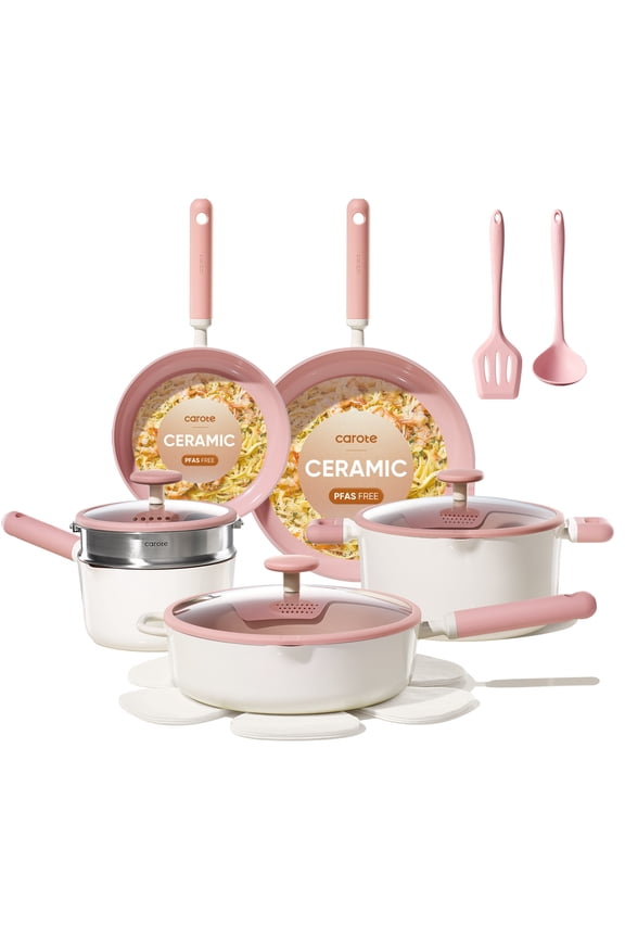 14-Piece Pots and Pans Set, Ceramic Nonstick Cookware Set with Steamer,Induction Compatible, Pink