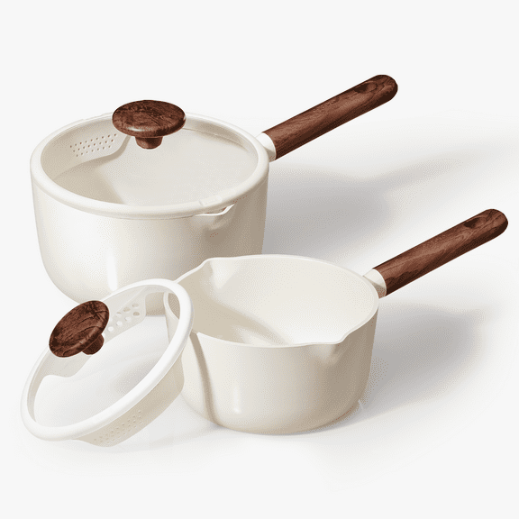 Carote 2QT & 3QT Ceramic Nonstick Saucepan Set with Strainer Lids, Small Cooking Pot, Induction Compatible, White