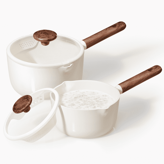 Carote 2QT & 3QT Ceramic Nonstick Saucepan Set with Strainer Lids, Small Cooking Pot, Induction Compatible, White