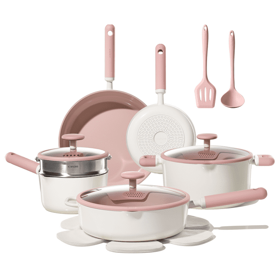 Carote 14-Piece Pots and Pans Set, Ceramic Nonstick Cookware Set with Steamer,Induction Compatible, Pink