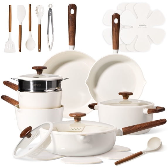 Carote 22-Piece Pots and Pans Set, Ceramic Nonstick Cookware Set with Steamer,Induction Compatible, White