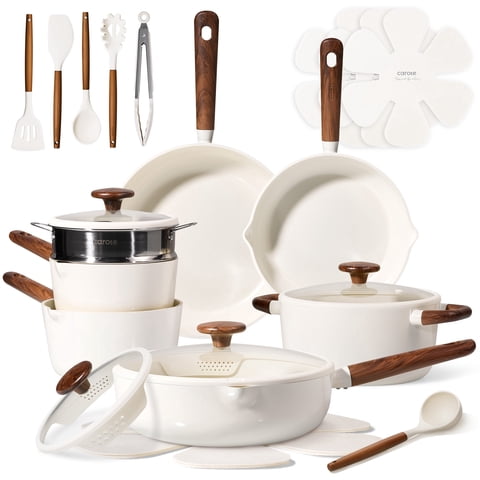 Carote 22-Piece Pots and Pans Set, Ceramic Nonstick Cookware Set with Steamer,Induction Compatible, White