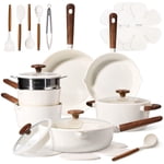 Carote 22-Piece Pots and Pans Set, Ceramic Nonstick Cookware Set with Steamer, Induction Compatible, White