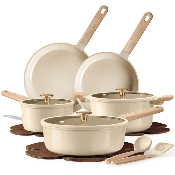 Carote 13-Piece Pots and Pans Set, Nonstick Cookware with Lids, Induction Compatible, Kitchen Cooking Set with Utensils & Protectors, Oatmeal