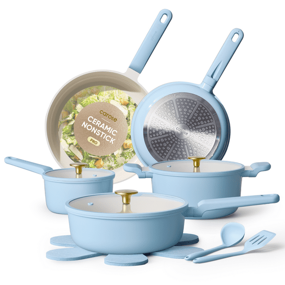 Carote 14-Piece Pots and Pans Set, Ceramic Nonstick Cookware Set with Utensils,Induction Compatible, Sky Blue