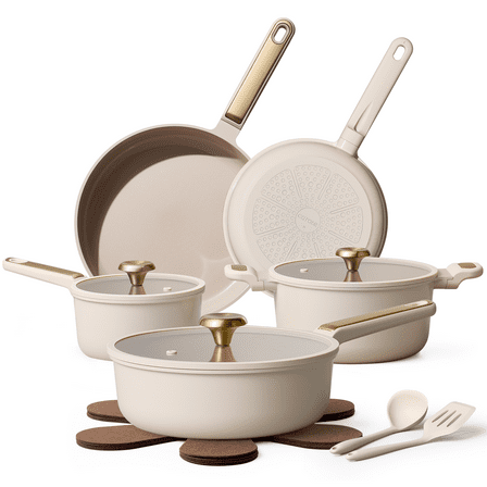 Carote 14-Piece Pots and Pans Set, Ceramic Nonstick Cookware Set with Utensils,Induction Compatible, Taupe