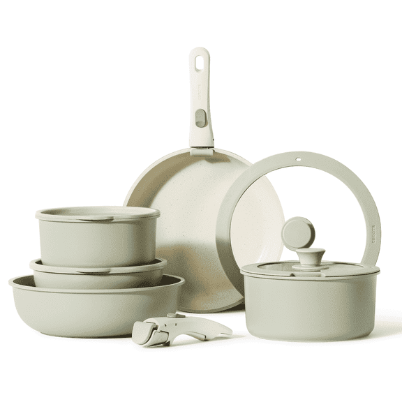 Carote Nonstick Cookware Sets, 11 Pcs Granite Non Stick Pots and Pans Set with Removable Handle, Green