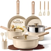 CAROTE 19-Piece Ceramic Pots and Pans Set, Nonstick Cookware Set with Lids, Induction Compatible, Oatmeal