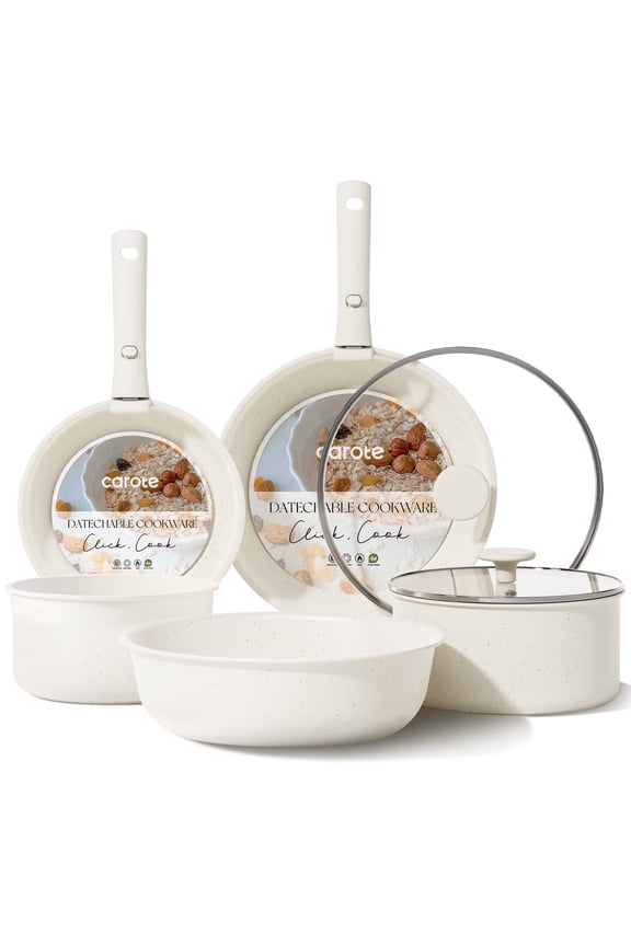 13 Pcs Nonstick Cookware Sets, Pots and Pans with Detachable Handles, Oven Safe, Induction Cookware, Stackable Kitchen Cooking Set, White