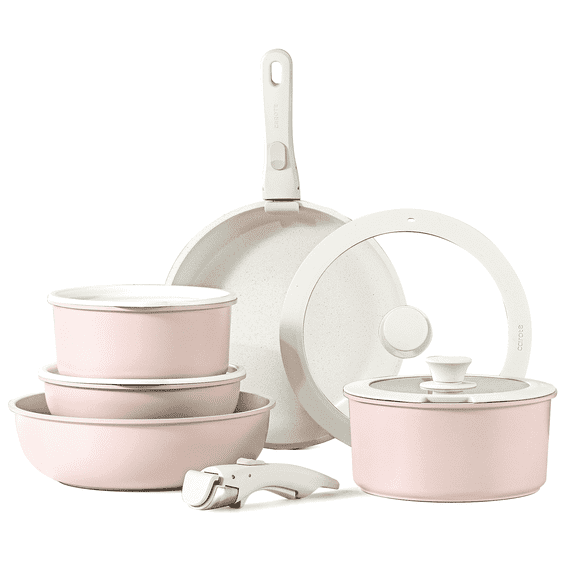 Carote Nonstick Cookware Sets, 11 Pcs Non Stick Pots and Pans Set with Removable Handle, Pink