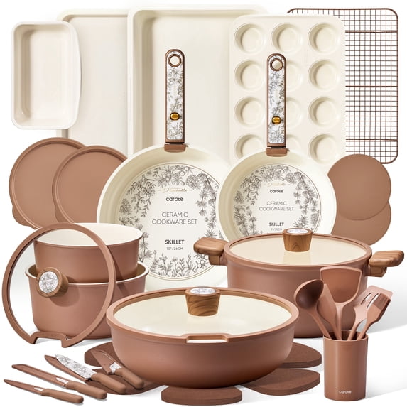 CAROTE 39-Pieces Ceramic Cookware Set, Nonstick Pots and Pans with Floral Detachable Handles, Induction Compatible, Diswasher Safe, Brown