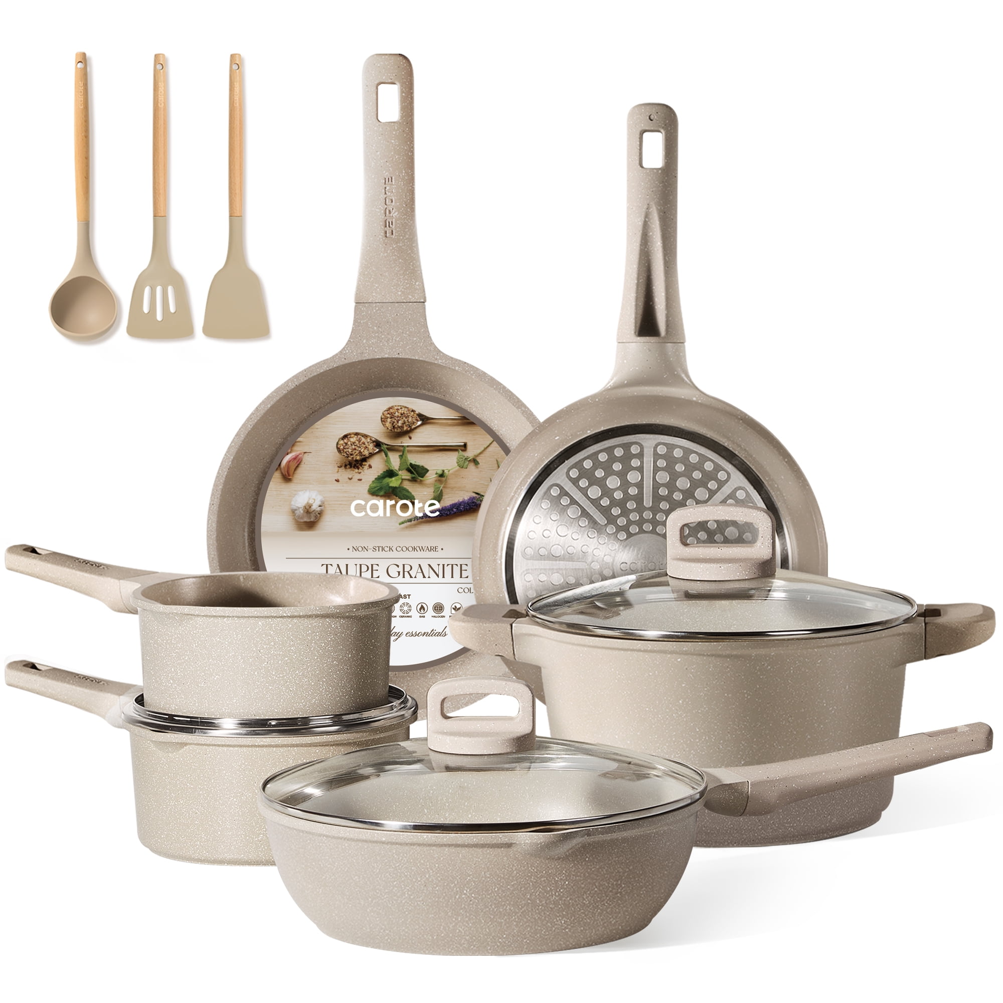 Carote Large 13 Pcs Nonstick Pots and Pans Set, Induction Kitchen Cookware Sets in Taupe Granite