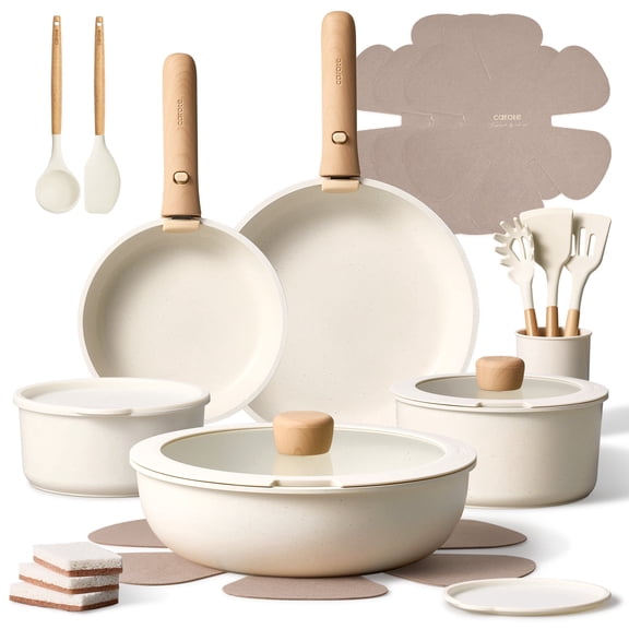 Carote 24-Piece Nonstick Cookware Set, Pots and Pans Set with Detachable Handle, Induction Compatible, Oven & Dishwasher Safe, White