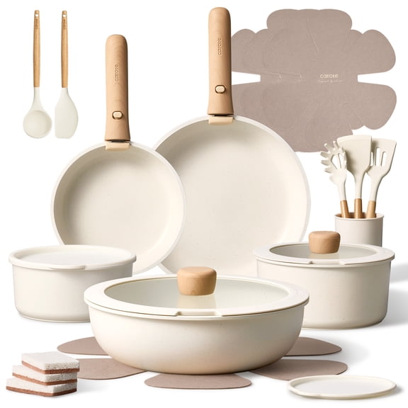 Carote 24-Piece Nonstick Cookware Set, Pots and Pans Set with Detachable Handle, Induction Compatible, Oven & Dishwasher Safe, White