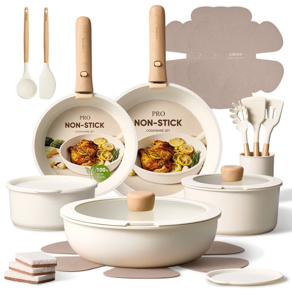 Carote 24-Piece Nonstick Cookware Set, Pots and Pans Set with Detachable Handle, Induction Compatible, Oven & Dishwasher Safe, White