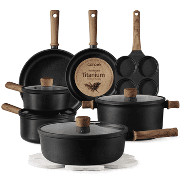 Carote Nonstick Cookware Sets, 15 Pcs Granite Non Stick Pots and Pans Set, Induction Cookware, Black