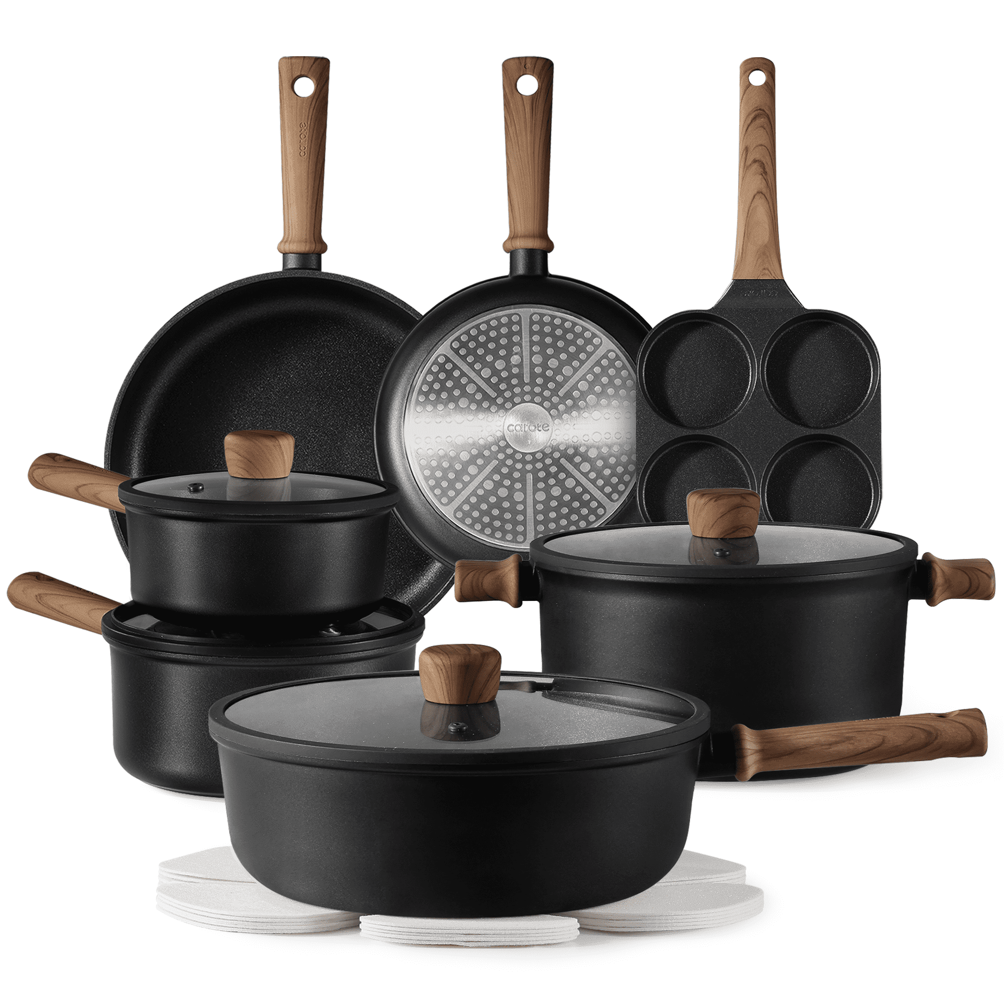Carote Nonstick Cookware Sets, 15 Pcs Granite Non Stick Pots and Pans Set, Induction Cookware, Black