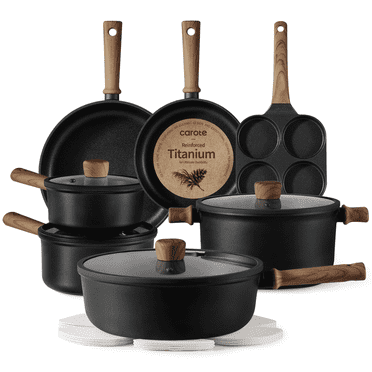 Carote Nonstick Cookware Sets, 15 Pcs Granite Non Stick Pots and Pans Set, Induction Cookware, Black