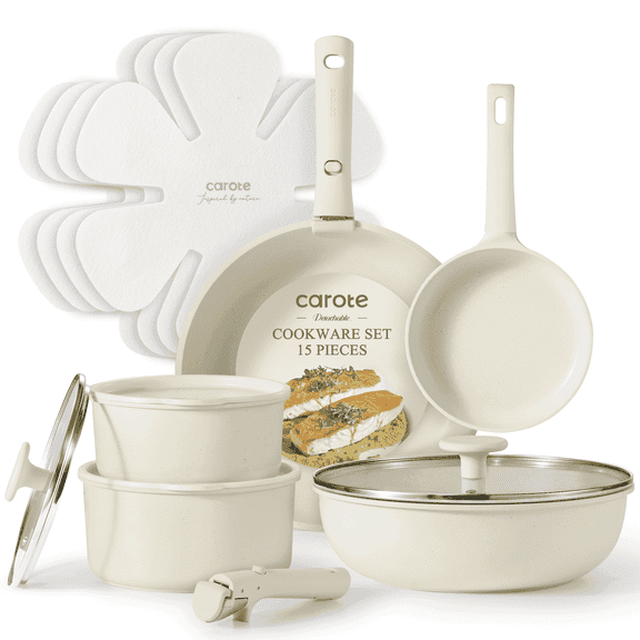 Carote 15 Pcs Nonstick Cookware Sets, Granite Non Stick Pots and Pans with Detachable Handles, Oven Safe, Stackable Kitchen Cooking Set, White