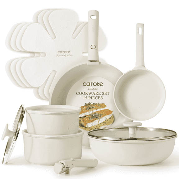 Carote 15 Pcs Nonstick Cookware Sets, Granite Non Stick Pots and Pans with Detachable Handles, Oven Safe, Stackable Kitchen Cooking Set, White