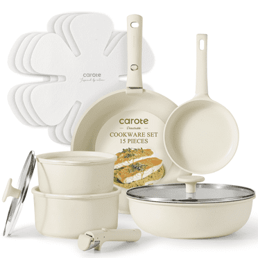Carote 15 Pcs Pots and Pans Set Non Stick, Cookware Set with Detachable Handles, Oven Safe, Stackable, White