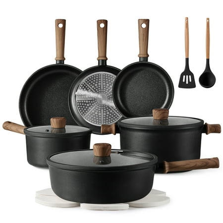 Carote Nonstick Cookware Sets, 16 Pcs Granite Non Stick Pots and Pans Set, Black