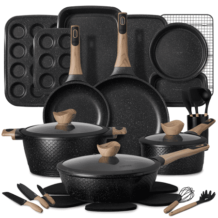 Carote 32-Piece Nonstick Pots and Pans, Granite Cookware Set with Bakeware & Knives, Black