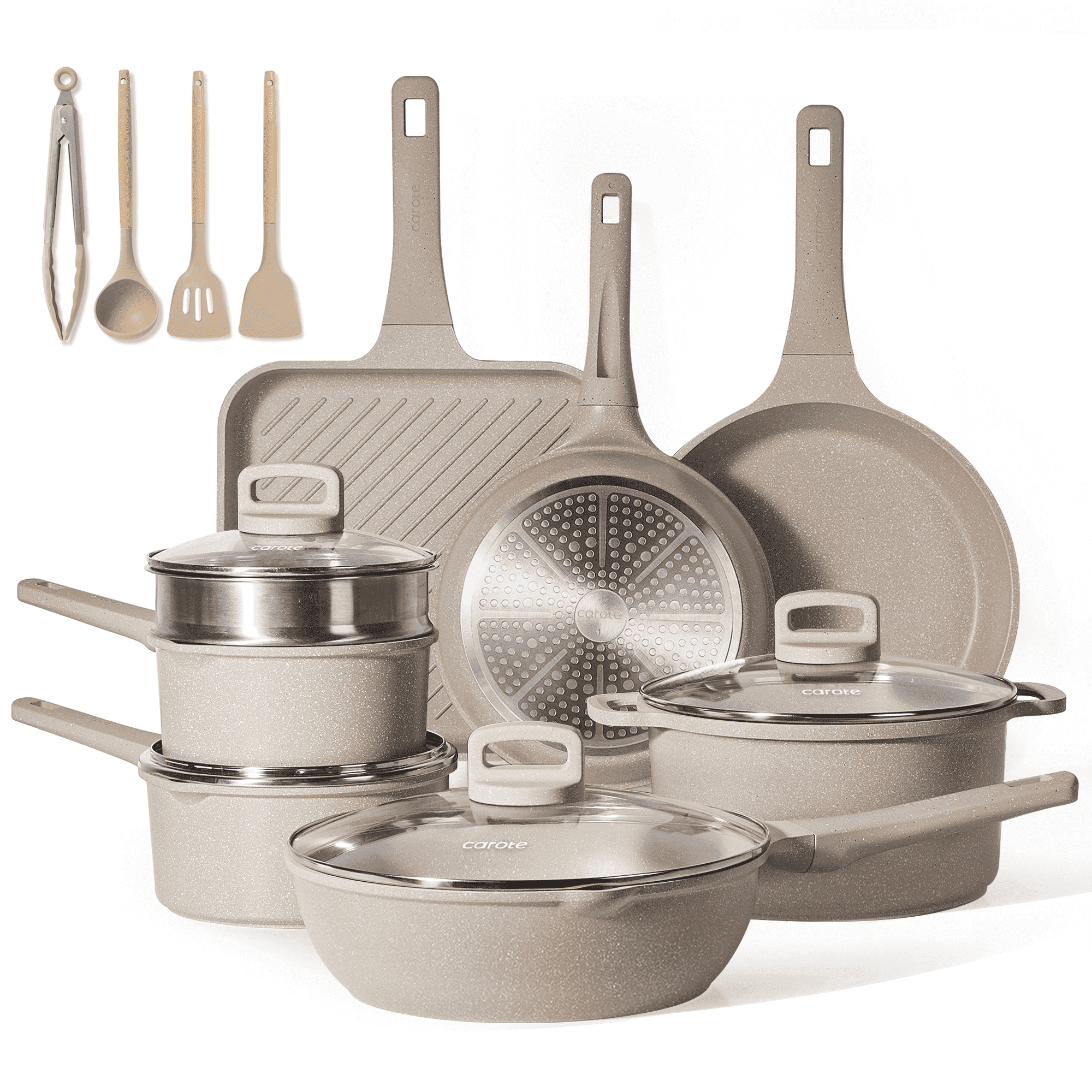 Carote Nonstick Cookware Sets, 16 Pcs Granite Non Stick Pots and Pans Set, Induction Cookware, Taupe - Walmart.com