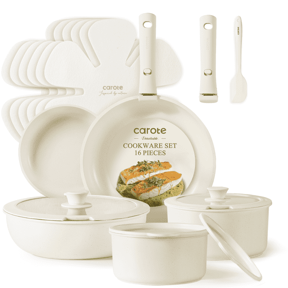 Carote Nonstick Cookware Sets, Granite Non Stick Pots and Pans Set with Removable Handle, 16 Pcs