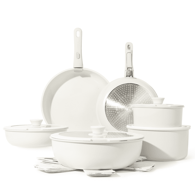 CAROTE 11-Piece Nonstick Cookware Set with Detachable Handles - White