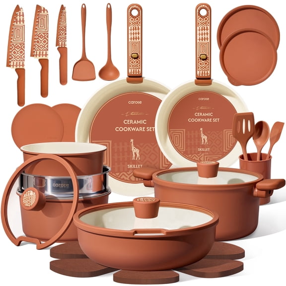 CAROTE 33-Pieces Ceramic Cookware Set, Nonstick Pots and Pans with Detachable Handles and Lids, Induction Compatible, Diswasher Safe, Orange