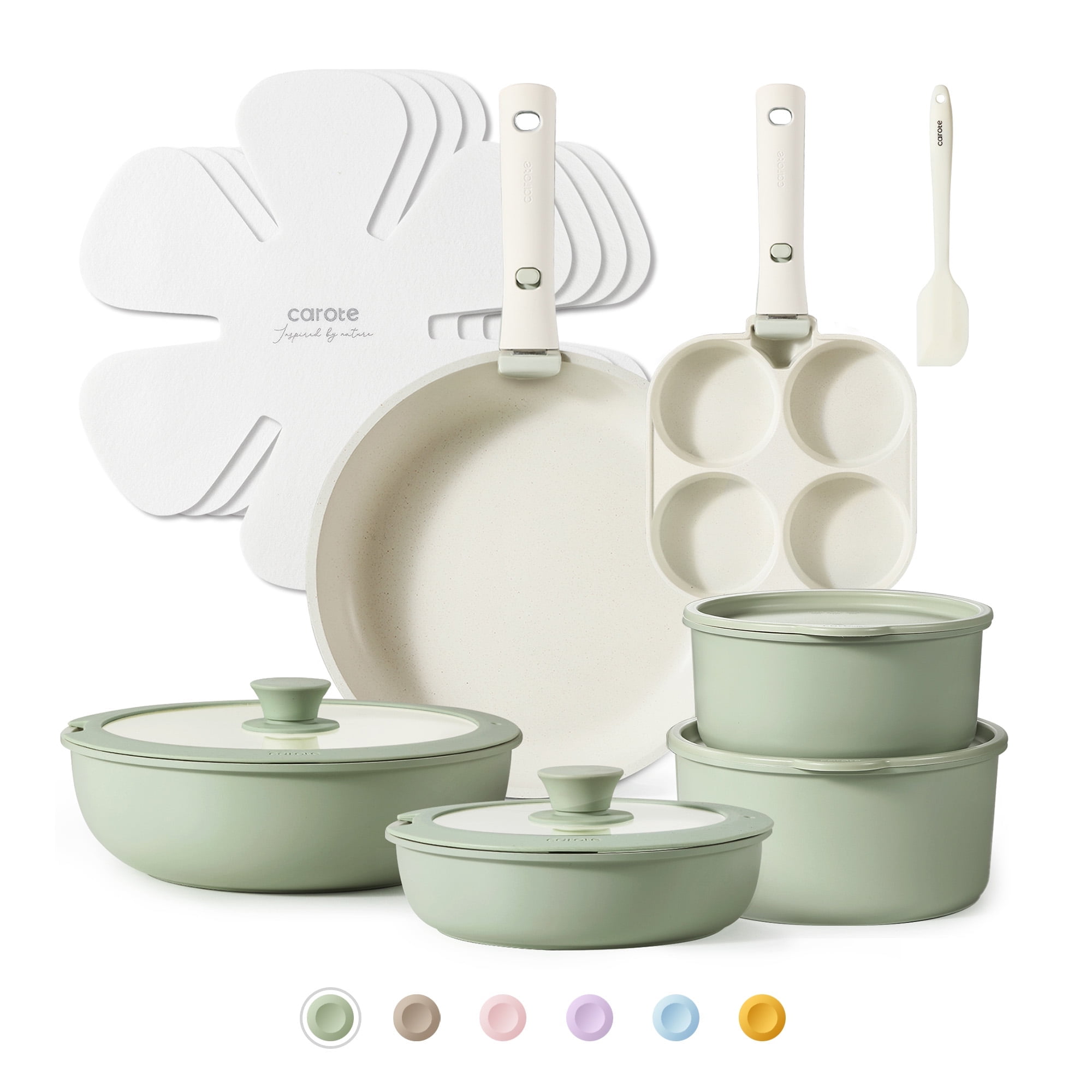 CAROTE 17pcs Granite Nonstick Cookware Set, Detachable Handle, Induction Safe, Oven Safe, Green