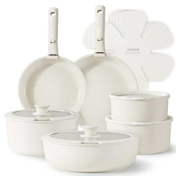 Carote Nonstick Cookware Sets, 17 Pcs Non Stick Pots and Pans Set with Removable Handle, Dishwasher & Oven Safe, Induction Compatible, White