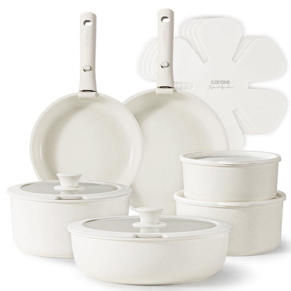 Carote Nonstick Cookware Sets, 17 Pcs Non Stick Pots and Pans Set with Removable Handle, Dishwasher & Oven Safe, Induction Compatible, White