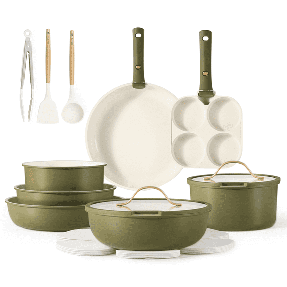 Carote Nonstick Cookware Sets, 18 Pcs Non Stick Pots and Pans Set with Detachable Handle, Green