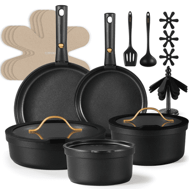 Carote Nonstick Cookware Sets, 19 Pcs Non Stick Pots and Pans Set with Removable Handle, Black