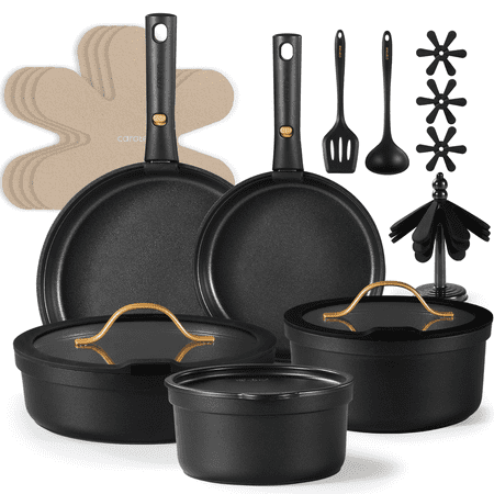 Carote Nonstick Cookware Sets, 19 Pcs Non Stick Pots and Pans Set with Removable Handle, Black