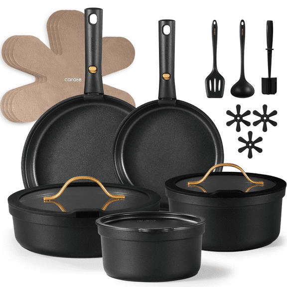 Carote 20 Pcs Nonstick Cookware Sets, Pots and Pans with Removable Handles, Oven Safe, Induction Ready, Classic Black