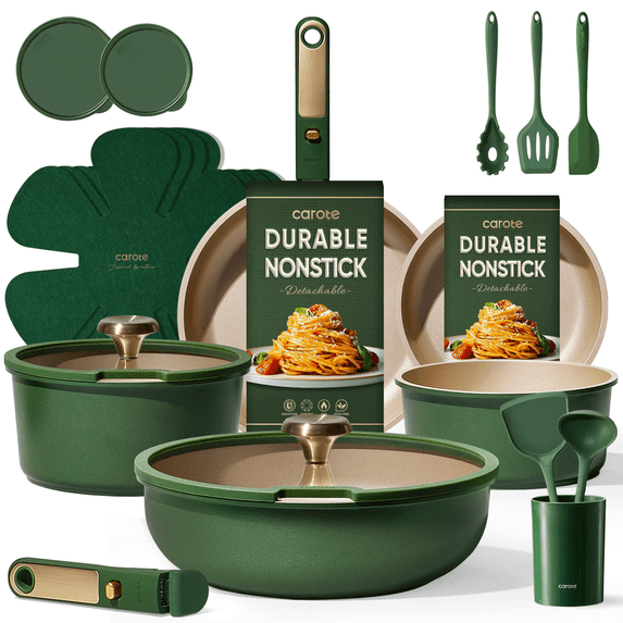 CAROTE 21-Piece Nonstick Pots and Pans Set, Cookware Set with Detachable Handle and Lids, Induction Compatible, Green