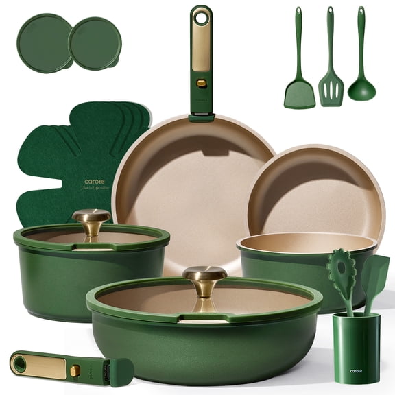 Carote 21-Piece Nonstick Pots and Pans Set, Ceramic Cookware Set with Detachable Handle and Lids, Induction Compatible, Green