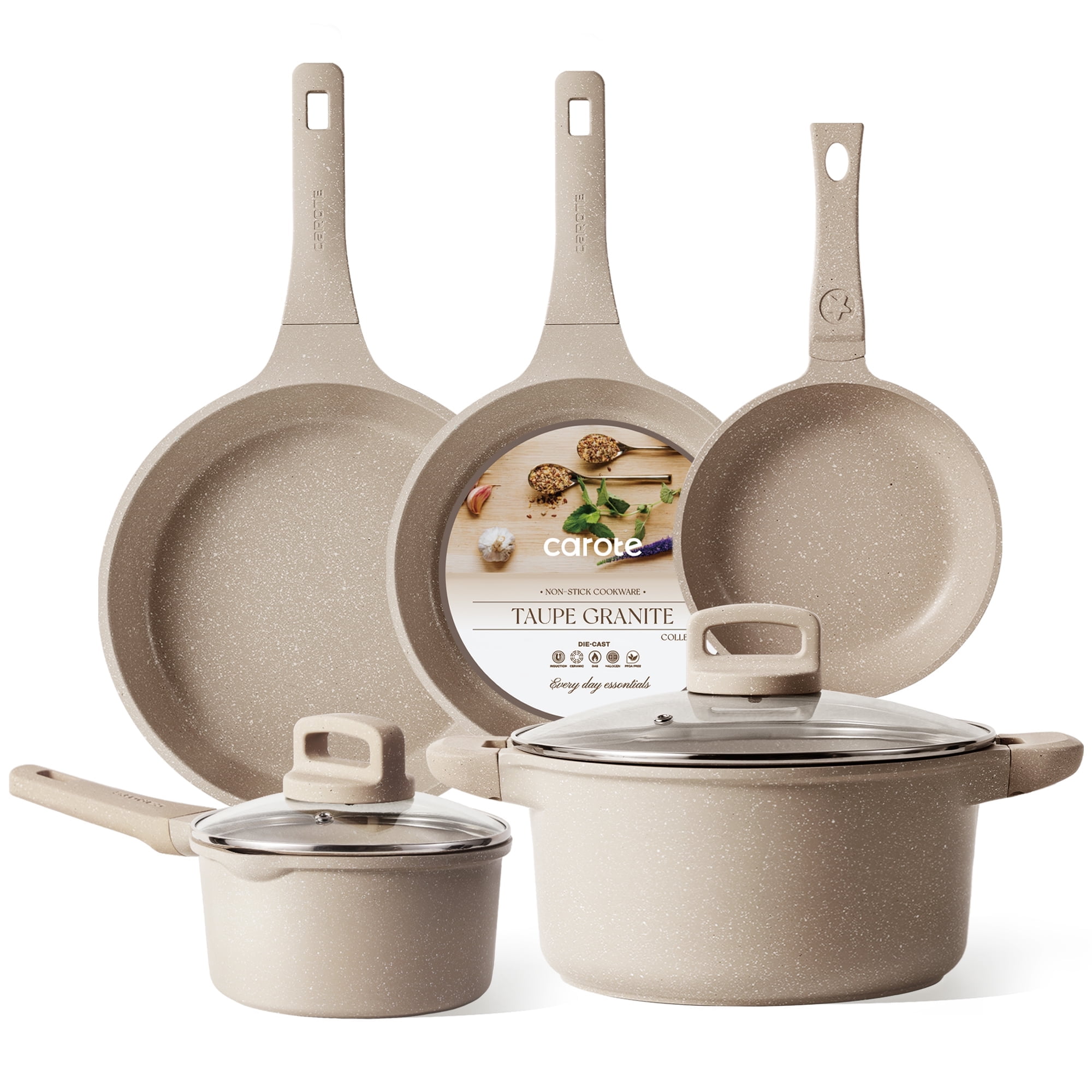 Carote Large 11 Pcs Nonstick Pots and Pans Set, Induction Stone Cookware Kitchen Set (Taupe Granite)