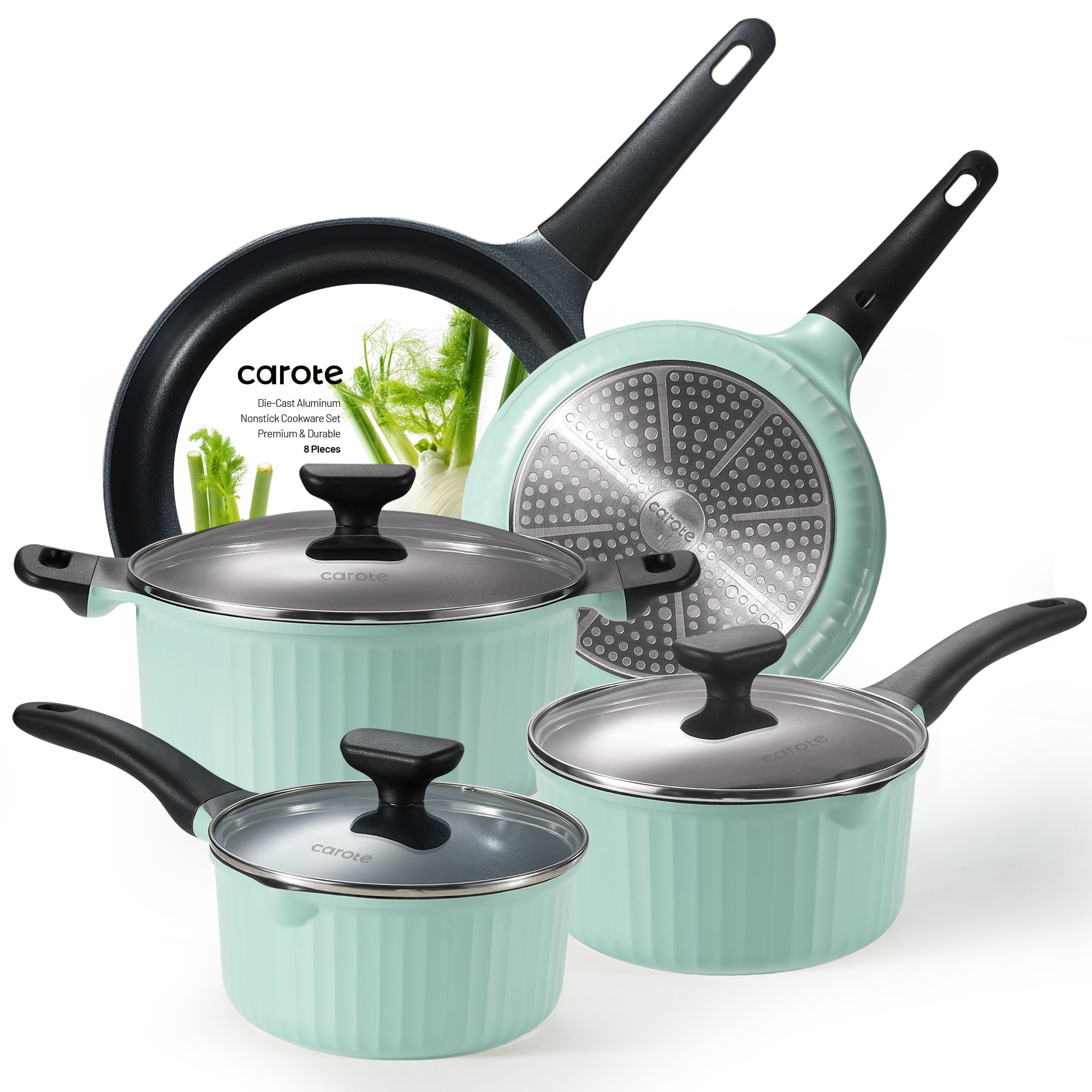 Carote Nonstick Cookware Sets, 8 Pcs Non Stick Pots and Pans Set, Non Toxic Induction Cookware, Mint