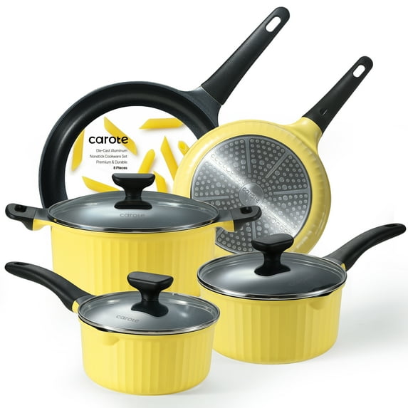 Carote Nonstick Cookware Sets, 8 Pcs Non Stick Pots and Pans Set, Induction Cookware, Yellow