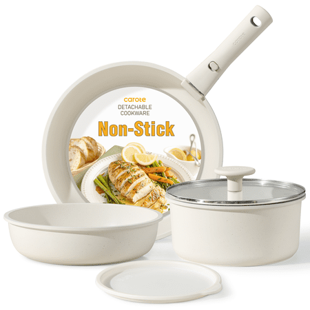 Carote 6 Pcs Nonstick Pots and Pans, Cookware Set with Detachable Handle, Oven Safe, Stackable Kitchen Cookware, White