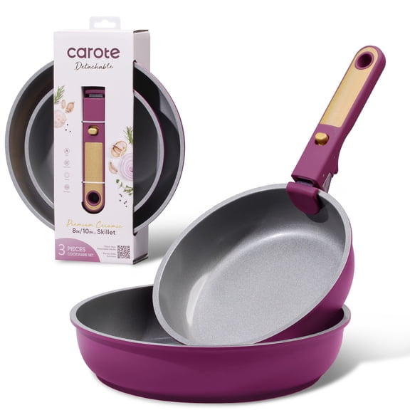 Carote Ceramic Nonstick Detachable Pots and Pans Set, 3 Pieces Non Toxic Cookware Set with Induction, Oven/Dishwasher Safe, Easy for Storage, Magenta Purple