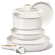 Carote Nonstick Detachable Pots and Pans Set, 6 Pieces Non Toxic Cookware Set with Induction, Oven/Dishwasher Safe, Easy for Storage, Granite White